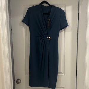 NWT Donna Karan Teal Midi Dress with Gold Ring